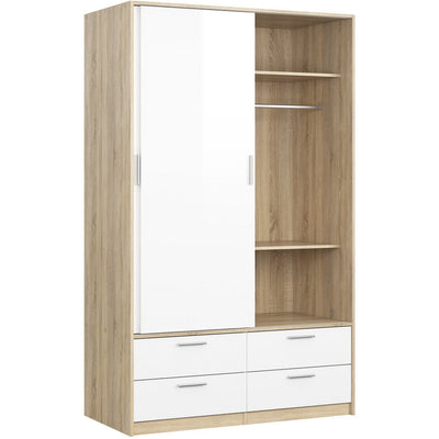 Line Oak & White High Gloss 2 Door 4 Drawer Wardrobe