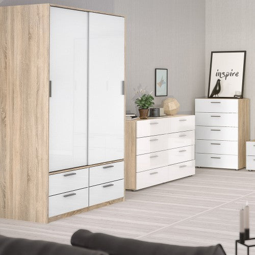 Line Oak & White High Gloss 2 Door 4 Drawer Wardrobe