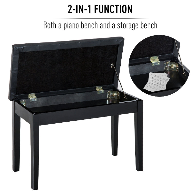 Faux Leather Piano Stool, With Storage - Black