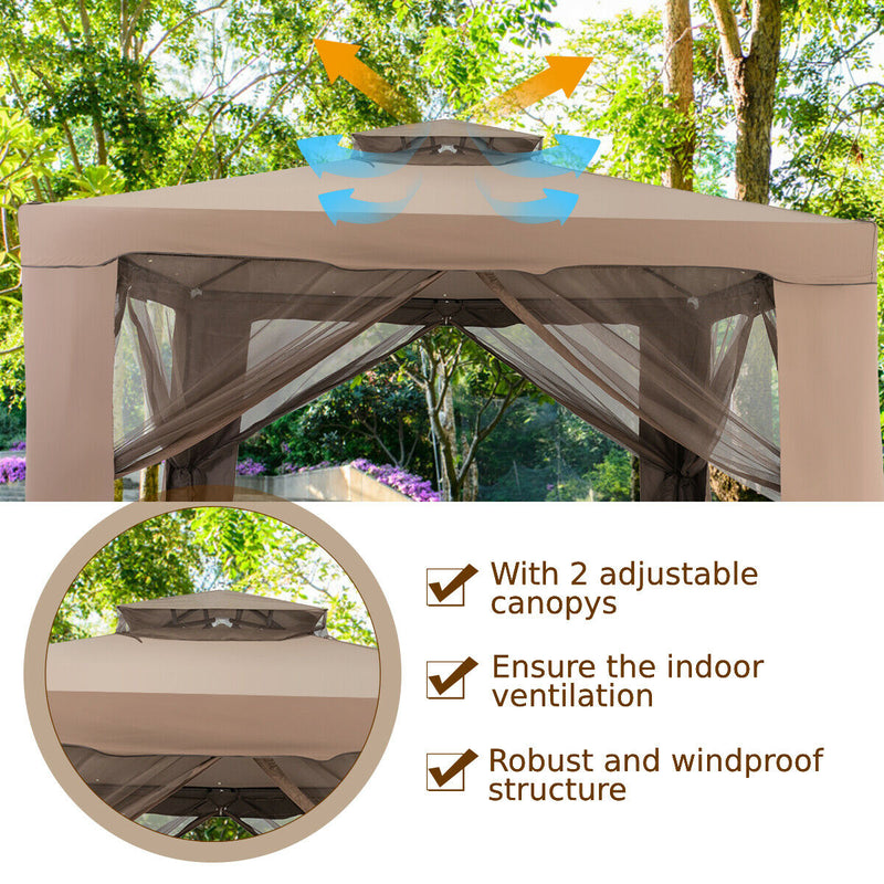 10 x 10ft Double Tiered Canopy Gazebo Garden Shelter Tent-Brown