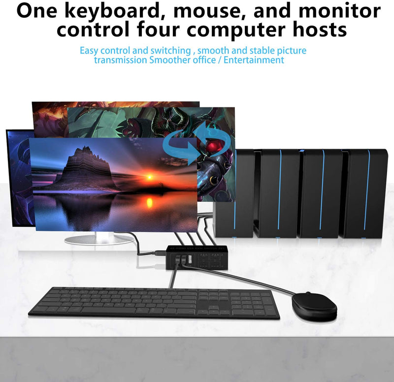 Rytaki KVM Switch HDMI 4 Port Switcher, 4K @60Hz 4 In 1 Out KVM USB Switch Box for 4 PC share Keyboard Mouse Monitor,Compatible with Laptop, PC, PS4, Xbox HDTV