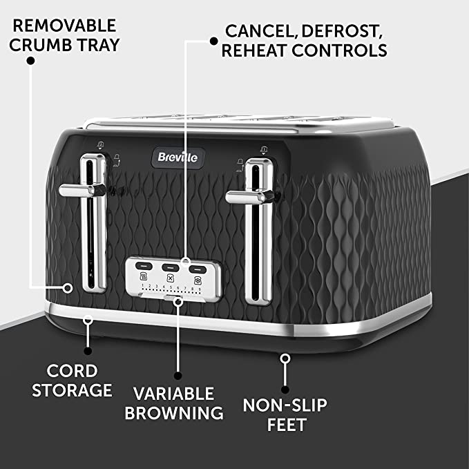 Breville Curve 4-Slice Toaster with High Lift and Wide Slots | Black & Chrome [VTT786]