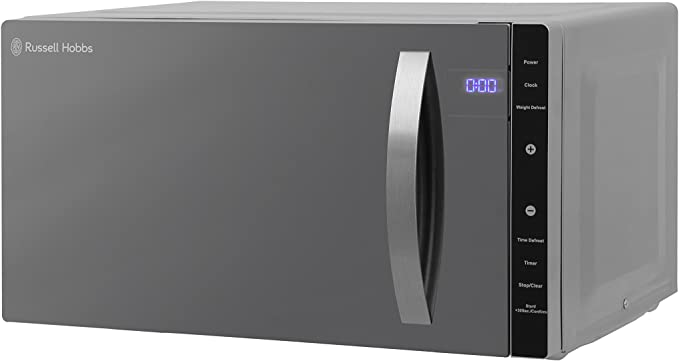 Russell Hobbs RHFM2363S 23 L 800 W Silver Digital Flatbed Solo Microwave with 5 Power Levels, 8 Auto Cook Menus, Clock and Timer, Automatic Defrost