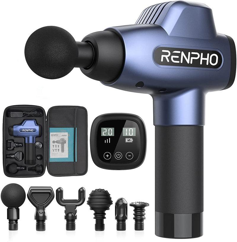 RENPHO Deep Tissue Massager up to 3200rpm with 20 Adjustable Power Speeds 6 Massage Heads and LCD Display for Muscle Relaxation Recovery, Black / Blue