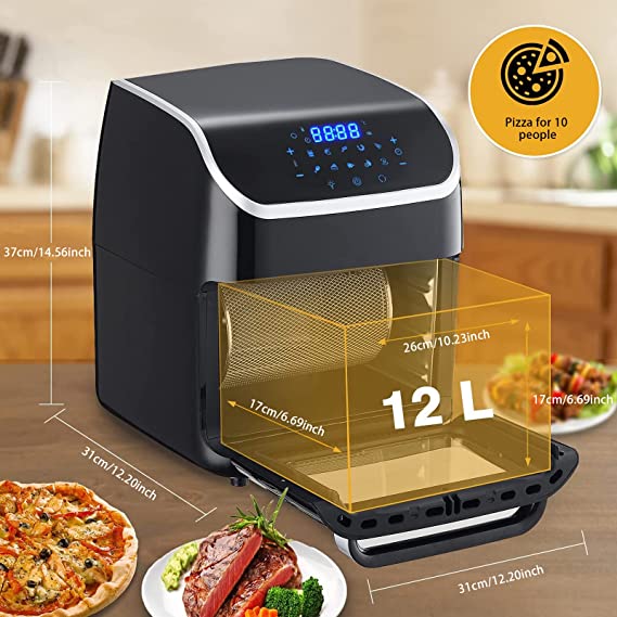 TUOKE Air Fryer Rotisserie Oven, Large Capacity 12L, 1800W - Cooking Window - 9 Preset Menus, with LED Touch Screen, Temperature Control for Bake