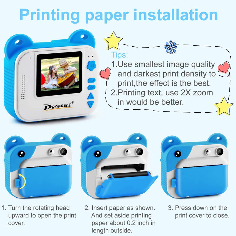 PROGRACE Instant Print Camera for Kids, Instant Camera for Travel Learning Birthday Gift, Portable Digital Creative Print Camera with Print Paper