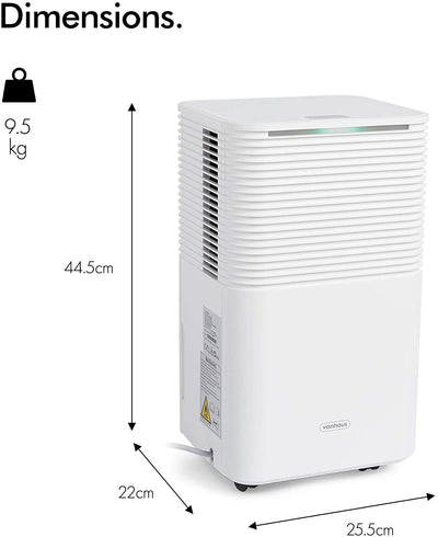 VonHaus 12L/Day Dehumidifier – Timer & 2L Extraction for Moisture, Damp & Mould Control, Drying Clothes