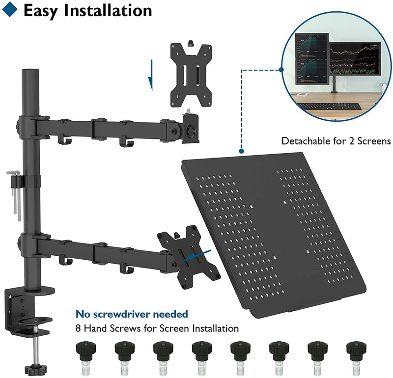 BONTEC Monitor Arm Mount with Laptop Tray for 13 to 27 inch LCD LED Screen & up to 15.6 inch Notebook, Desk Stand Bracket with Clamp