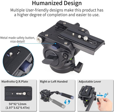 Innorel F60 Professional Video Camera Tripod Fluid Drag Pan Tilt Head with 1/4 and 3/8 inches Screws Sliding Plate Max Load 22 lbs / 10kg