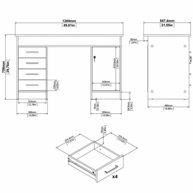 Function Plus Oak 4 Drawer 1 Door Office Desk