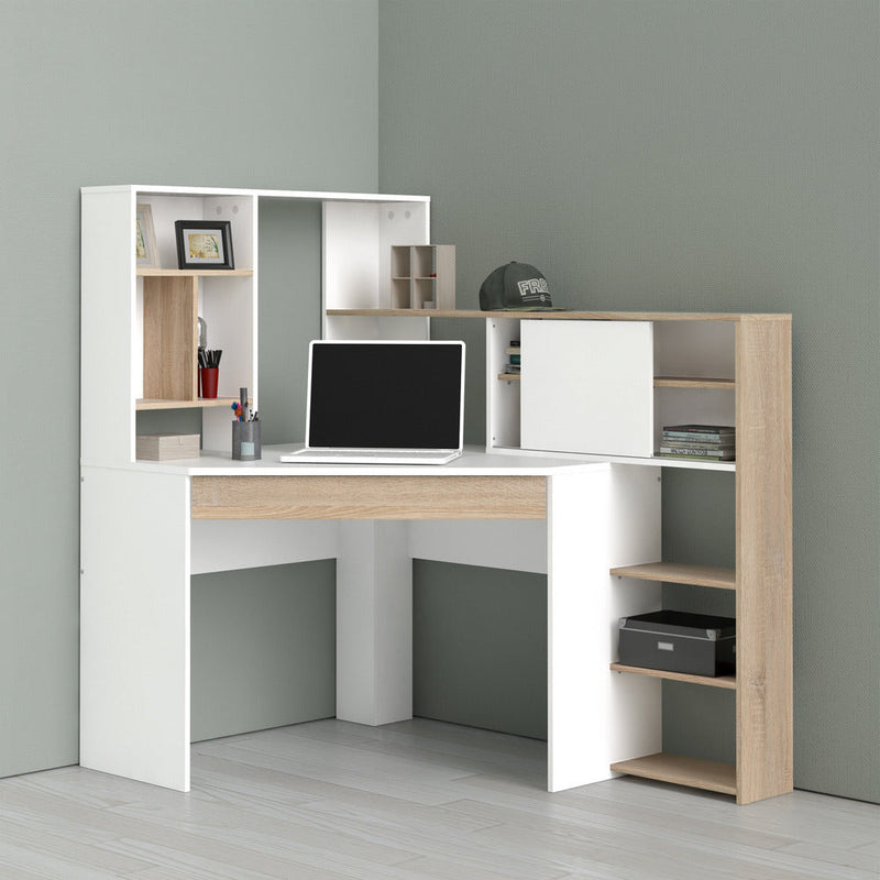 Function Plus White & Oak Corner Desk With Multi-Functional Unit