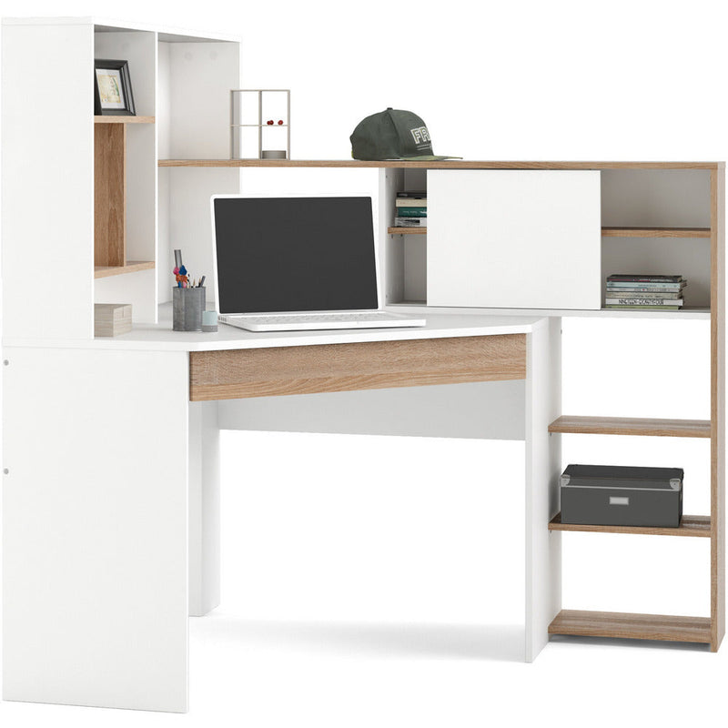 Function Plus White & Oak Corner Desk With Multi-Functional Unit