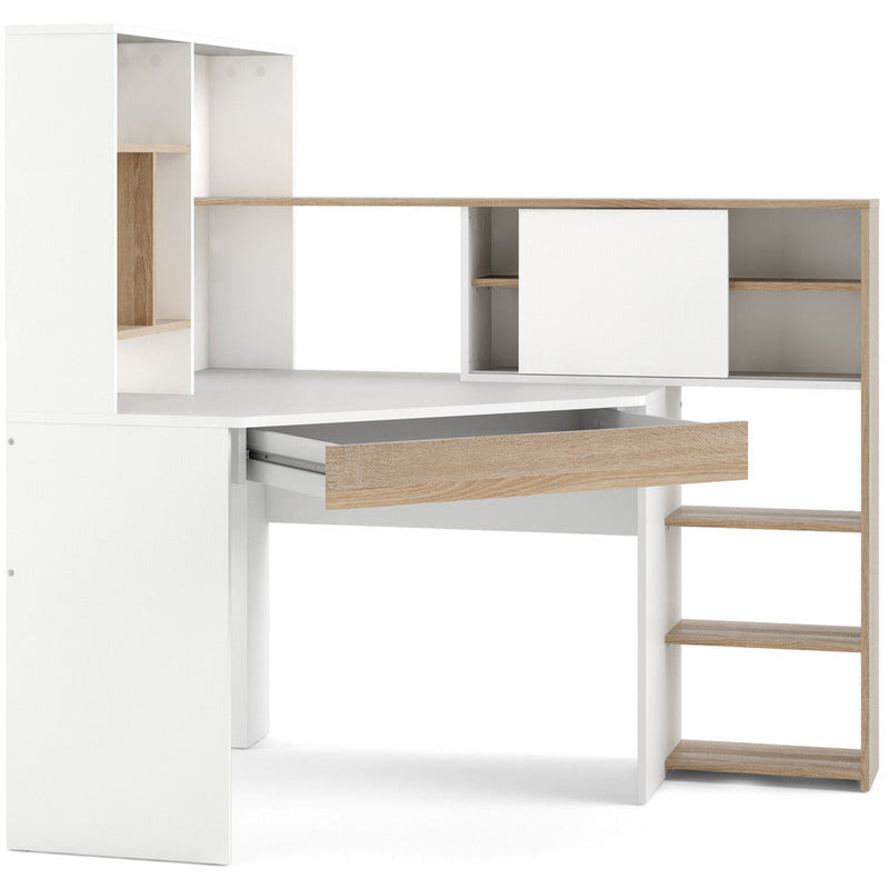 Function Plus White & Oak Corner Desk With Multi-Functional Unit