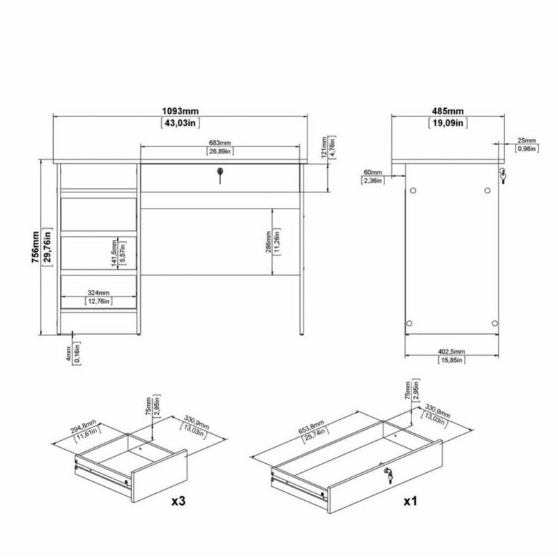 Function Plus White 3+1 Handle Free Drawer Office Desk