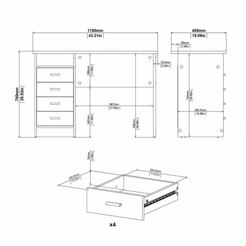 Function Plus White 4 Drawer Office Desk