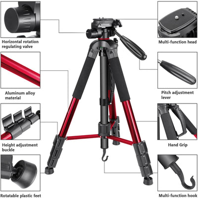 Neewer Portable 70 inches/177 centimeters Aluminium Alloy Camera Tripod Monopod with 3-Way Swivel Pan Head, Load 8.8lbs/4kg Red (SAB264)