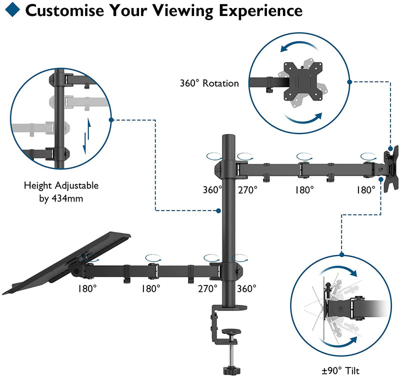 BONTEC Monitor Arm Mount with Laptop Tray for 13 to 27 inch LCD LED Screen & up to 15.6 inch Notebook, Desk Stand Bracket with Clamp