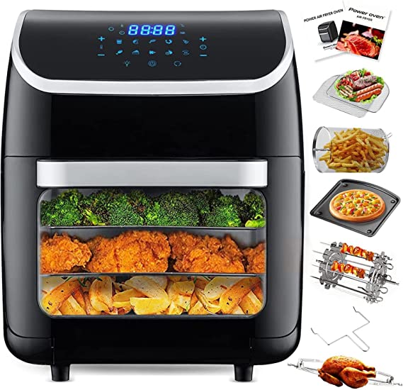 TUOKE Air Fryer Rotisserie Oven, Large Capacity 12L, 1800W - Cooking Window - 9 Preset Menus, with LED Touch Screen, Temperature Control for Bake