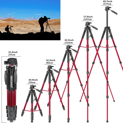 Neewer Portable 70 inches/177 centimeters Aluminium Alloy Camera Tripod Monopod with 3-Way Swivel Pan Head, Load 8.8lbs/4kg Red (SAB264)