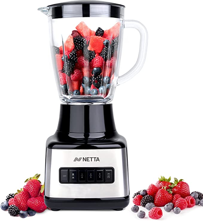 NETTA Table Blender - Smoothie Maker with Glass Jug - Electric Mixer and Liquidizer - 8 Speed Settings, 500W - Ideal for Milkshakes, Ice Crusher, Soup