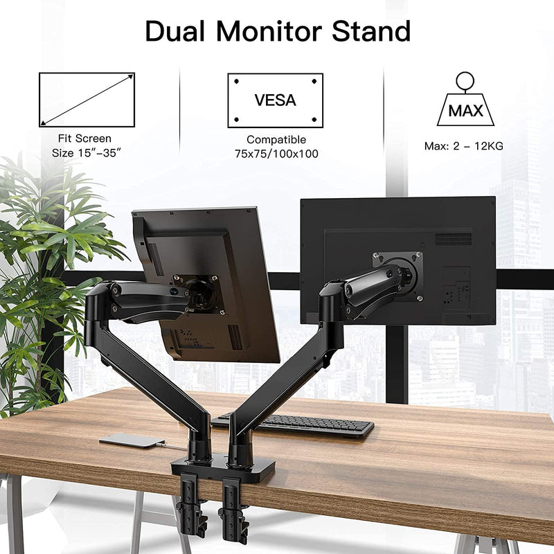 HUANUO Dual Monitor Stand for 15-35 inch Ultrawide Screens, Gas Spring Dual Monitor Arm Desk Mount with USB Port, Adjustable Dual Monitor Mount