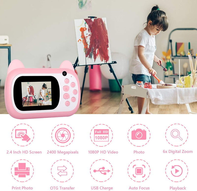 TOYOGO Instant Print Camera for Kids, Selfie Kids Camera, Digital No Ink with 3 Rolls Print Paper,1000 mAh Dual Lens,1080P HD Video Recorder Pink