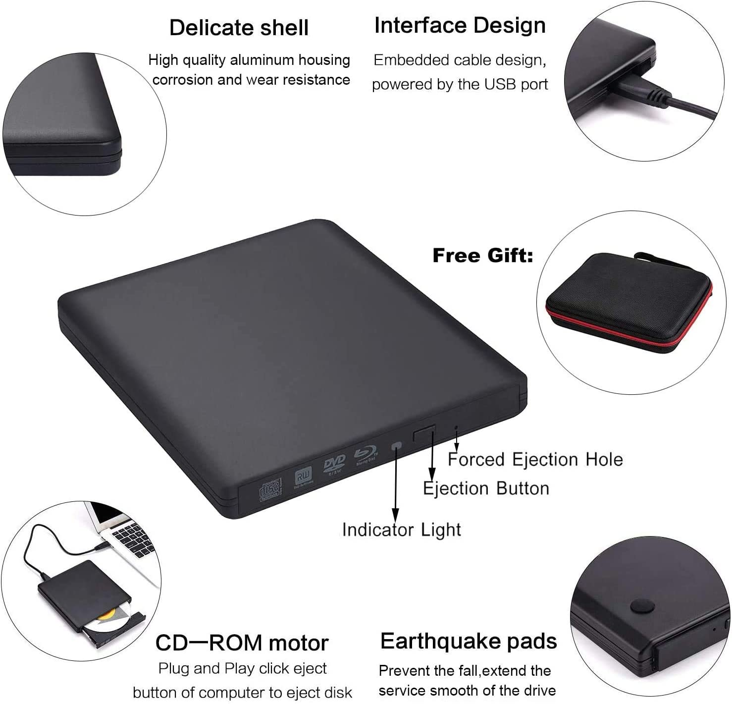 External Bluray Drive Compatible with DVD CD Drive Portable 3D Bluray Drive  with USB3.0 and Type-C Port, Suitable for Windows XP/7/8/10 MacOS for