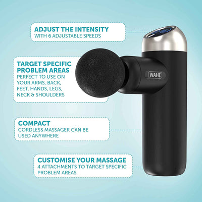 Wahl Mini Massage Gun, Deep Tissue Percussion Massager, Cordless Muscle Massagers, On-the-Go Massaging, 6 Speed Settings, 4 Attachments, Lightweight