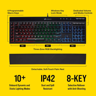 Corsair K55 RGB Membrane Gaming Keyboard (6 Programmable Macro Keys, 3-Zone RGB Backlighting, Multimedia Controls, UK Layout) - Black