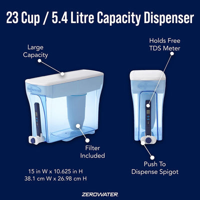 ZeroWater 23 Cup Water Dispenser With Advanced 5 Stage Filter, 0 TDS, NSF certified, Water Quality Meter + Water Filter Cartridge Included, 5.4 L