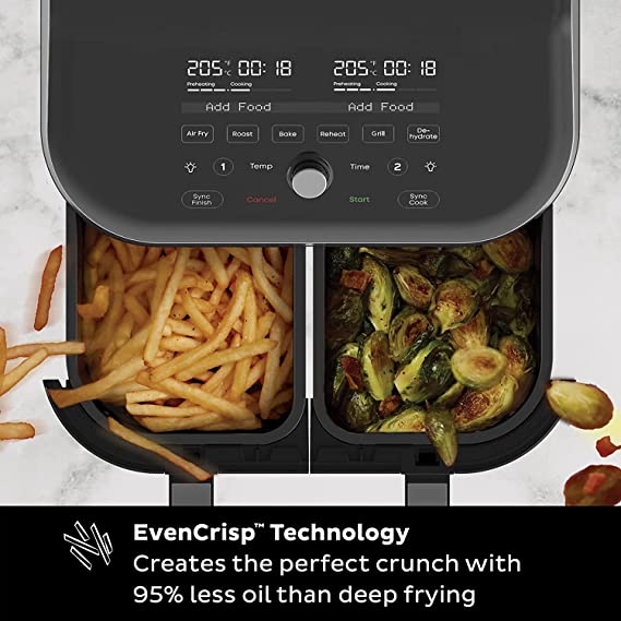 Instant Vortex Plus Digital Health Air Fryer Oven - Dual Basket with ClearCook Windows - 7.6L, 8-in-1 Cooking Programmes, Stainless Steel, 1700W