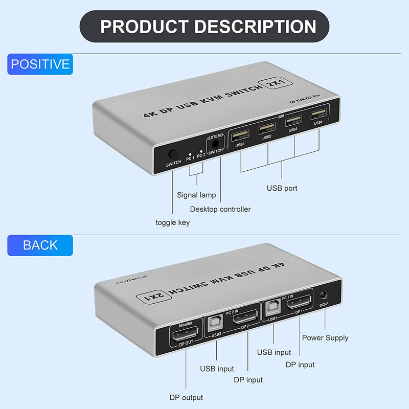 DisplayPort KVM Switch 2 Port 4K 60Hz USB and DP Switch for 2 Computers Share Keyboard Mouse Printer Monitor for Laptop, PC, Xbox HDTV