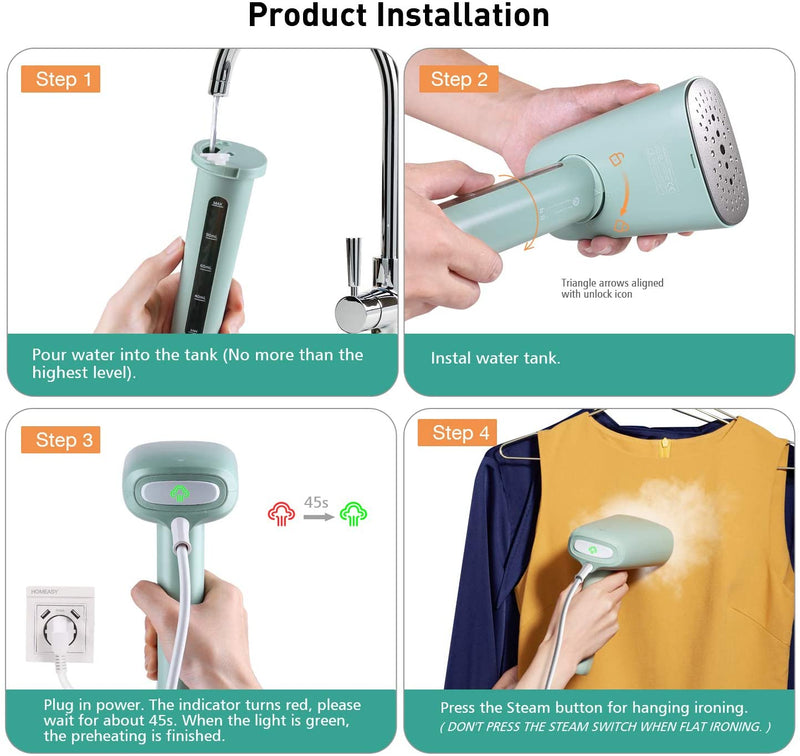 homeasy Garment Steamer for Travel and Home Portable Fabric Hand Steamer Ironing Wrinkle Remover with Fast Heat-up Detachable Water Tank Green, Small