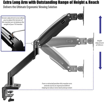 Invision Monitor Arm Bracket for 22”-35” Screens VESA 75mm & 100mm – Gas Spring Full Motion Long Arm Desktop Clamp Mount - Weight 3kg to 12kg (MX450)