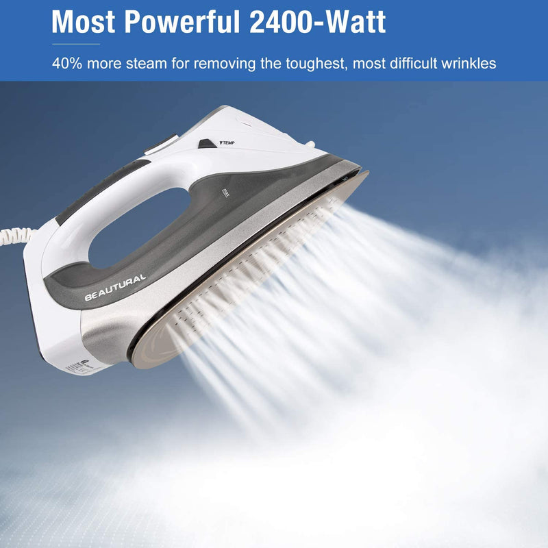 BEAUTURAL 2400 W Steam Iron with LCD Display, Variable Temperature and Double Ceramic Coated Soleplate, 8 ft Power Cord and 340ML Tank-White/Grey