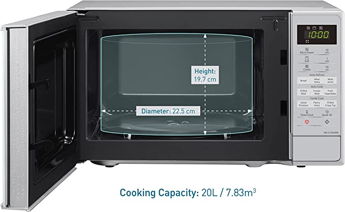 Panasonic NN-K18JMMBPQ Microwave Oven with Grill and Turntable, 800w, 1000w Grill, 5 Power Setting, 9 Auto Programmes, 20 Litres, Auto Defrost, Silver