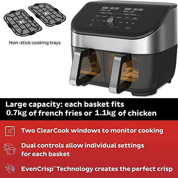 Instant Vortex Plus Digital Health Air Fryer Oven - Dual Basket with ClearCook Windows - 7.6L, 8-in-1 Cooking Programmes, Stainless Steel, 1700W