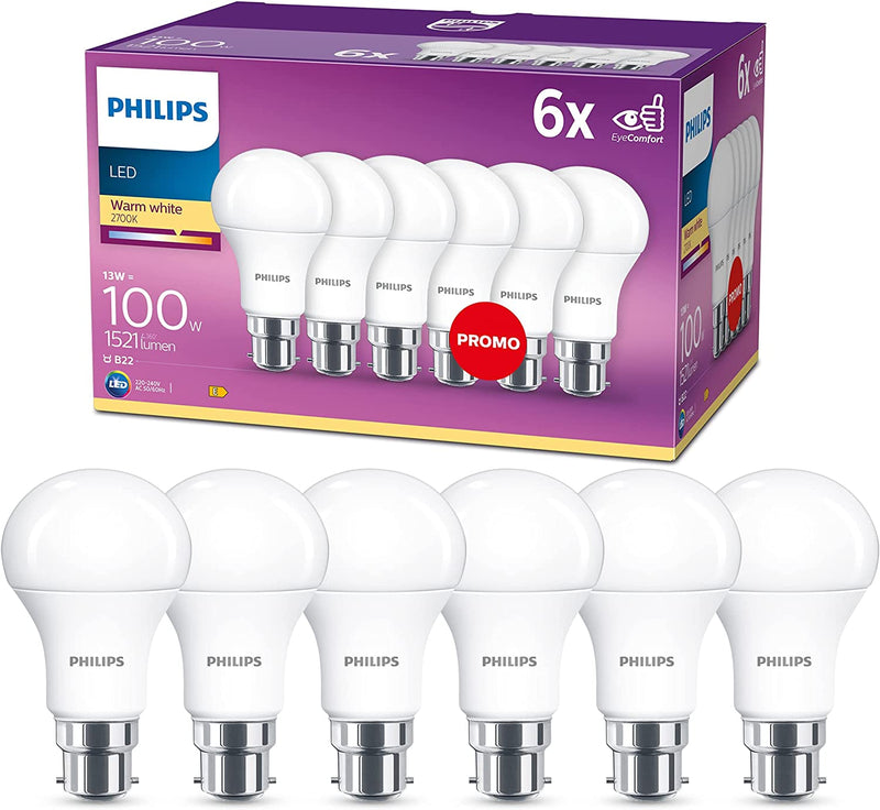 Philips LED B22 Frosted Light Bulbs, 13 W (100 W) - Warm White, Pack of 6 [Energy Class E]