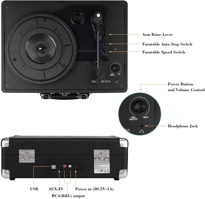 DIGITNOW! Vinyl Record Player 3 Speeds Turntable Vintage with Built-in Stereo Speakers, Supports USB, RCA Output , Headphone, MP3 , Mobile Phones