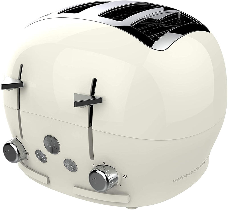 The Funky Appliance Company, 4 Slice Funky Toaster, Integrated Removable Crumb Tray, Cancel/Reheat/Defrost Functions, Independent Control of Both Sides, 1850 W, Stainless Steel, Cream