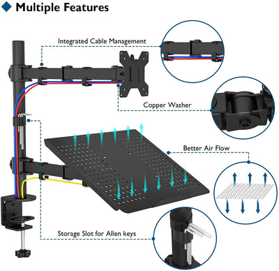 BONTEC Monitor Arm Mount with Laptop Tray for 13 to 27 inch LCD LED Screen & up to 15.6 inch Notebook, Desk Stand Bracket with Clamp