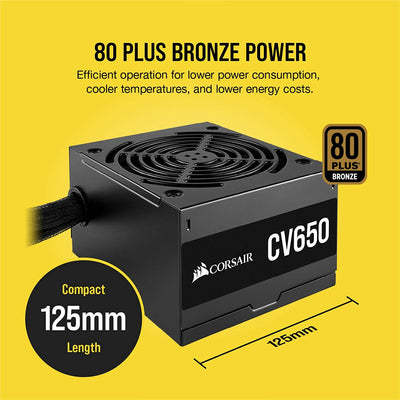 Corsair CV650 80 PLUS Bronze Non-Modular ATX 650 Watt Power Supply (Full Continuous Power, 120 mm Low-Noise Cooling Fan, Black Sleeving and Casing)