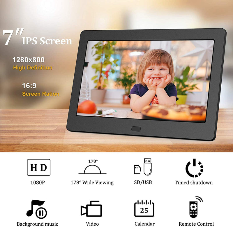 Digital Photo Frame 7 Inch, 1280x800 High Resolution 16:9 Full IPS Display Digital Picture Frames Auto-Rotate Image Video Calendar Clock On/Off Timer