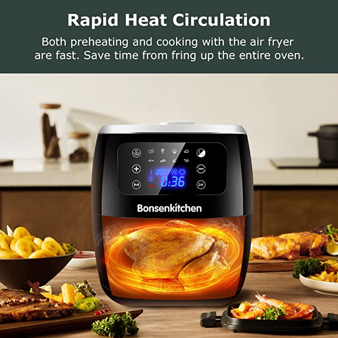 Bonsenkitchen Digital Air Fryer, 6L Large Air Fryer with 8 Menus, 1700W Oil Free Cooking with Timer & Temperature Control, Nonstick Basket, AF8001