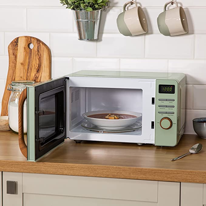 Russell Hobbs RHMD714MG-N 17 Litre Matt Green Digital Microwave with Wood Effect handle and dials&