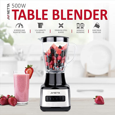 NETTA Table Blender - Smoothie Maker with Glass Jug - Electric Mixer and Liquidizer - 8 Speed Settings, 500W - Ideal for Milkshakes, Ice Crusher, Soup