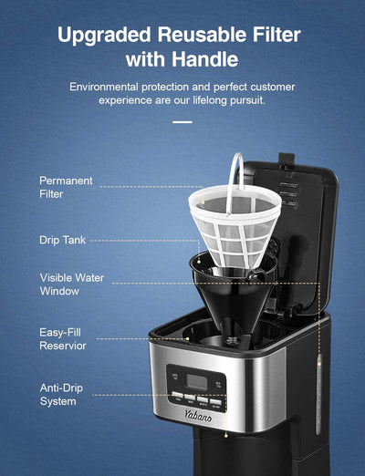 Yabano Filter Coffee Machine with Timer, 1.8L Programmable Drip, 40min Keep Warm & Anti-Drip System, Reusable Filter, Fast Brewing Technology, 900W