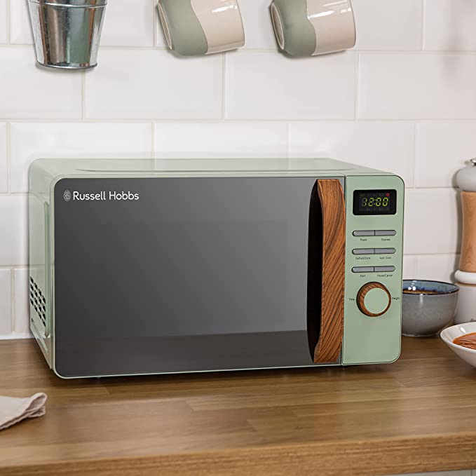 Russell Hobbs RHMD714MG-N 17 Litre Matt Green Digital Microwave with Wood Effect handle and dials&