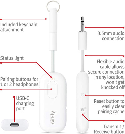 Twelve South AirFly Pro | Wireless transmitter/ receiver with audio sharing for up to 2 AirPods /wireless headphones to any audio jack