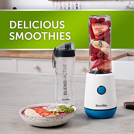 Breville Blend Active Personal Blender & Smoothie Maker | 350W | 2 Portable Blend Active Bottles (600ml) | Leak Proof Lids | White & Blue [VBL249]